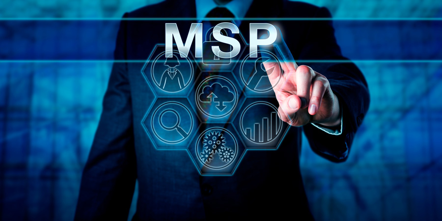 Graphic with man standing in background selecting from a hologram menu with MSP written across